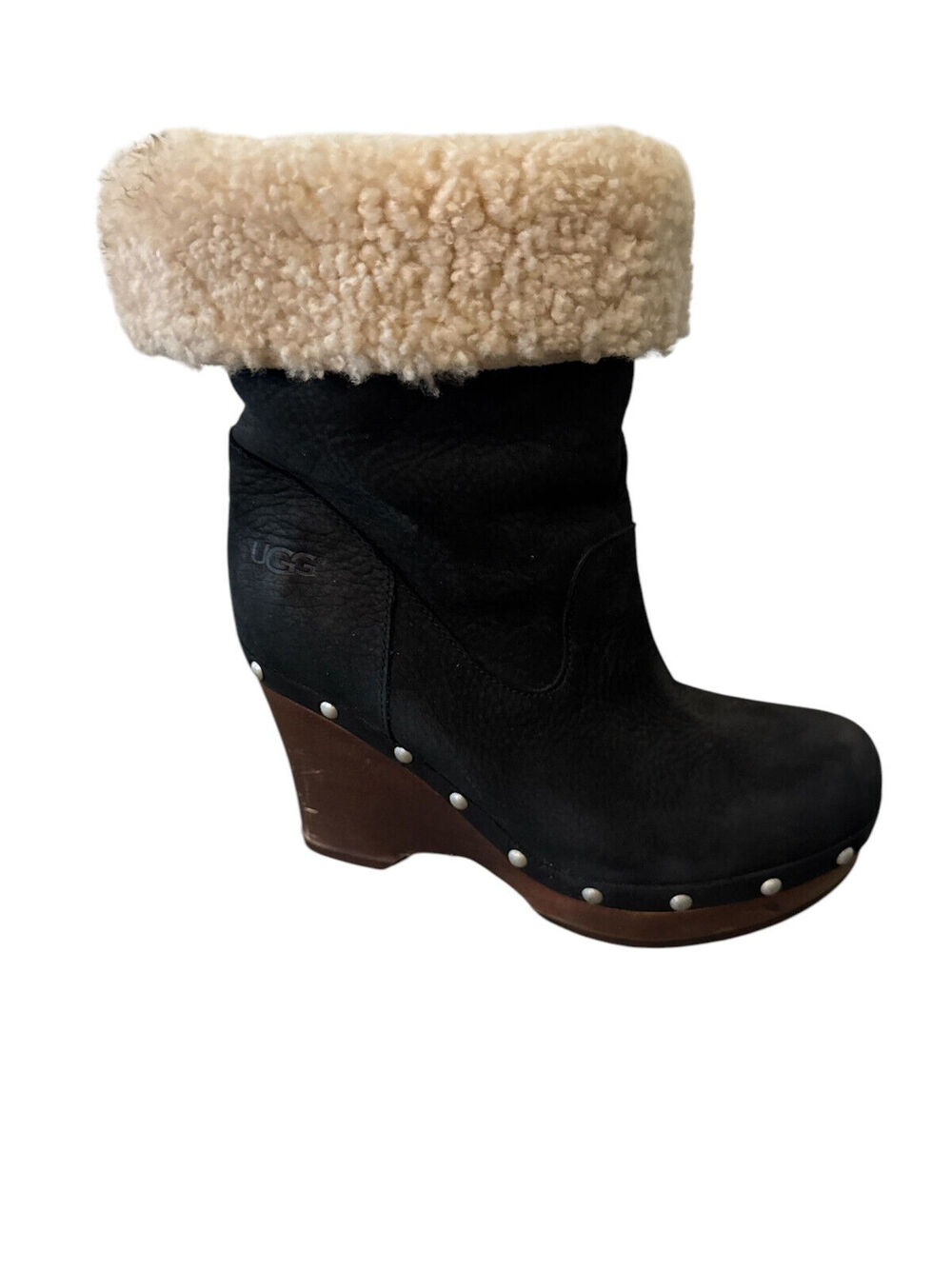 UGG Kouri Black Suede Leather Wood Clog Heel Studded Ankle Boots SZ 6